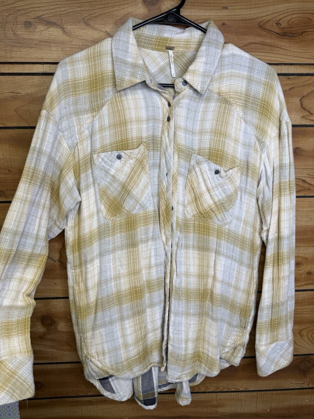 Free People Yellow&White Plaid Flannel Button Down Shirt. Size Small